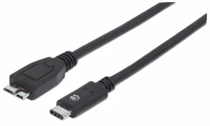 Manhattan USB-C to Micro-USB Cable, 1m, Male to Male, Black, 10 Gbps (USB 3.2 Gen2 aka USB 3.1), 3A (fast charging), Equivalent to Startech USB31CUB1M, SuperSpeed+ USB, Lifetime Warranty, Polybag