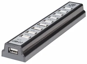 Manhattan USB-A 10-Port Desktop Hub, 10x USB-A Ports, 480 Mbps (USB 2.0), Bus or AC Power, Hi-Speed USB, Black, Three Year Warranty, Boxed (With Euro 2-pin plug)