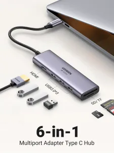 Ugreen CM511 5-in-1 Adapter USB-C Hub to 3x USB3.0 + HDMI + TF/SD Gray